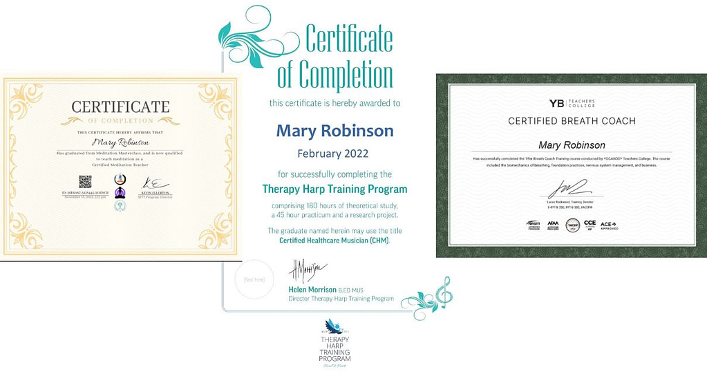 Certified Healthcare Musician (Harp Therapy) Certified Breath Coach, Certified Meditation Coach